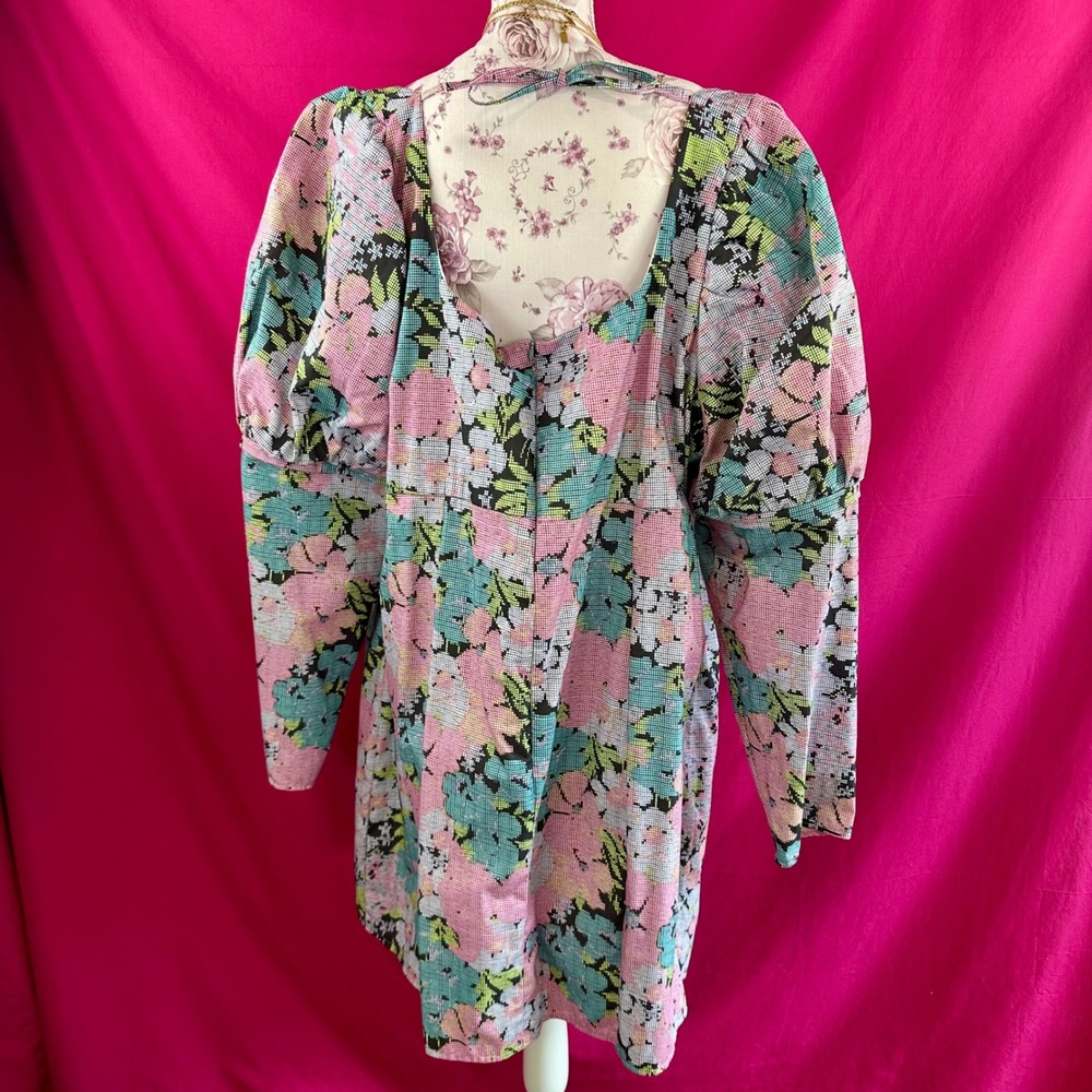 ASOS Curve Puff Sleeve Floral Mini Dress Plus Size 22 Long Sleeve Open Back Tie - Picture 4 of 14